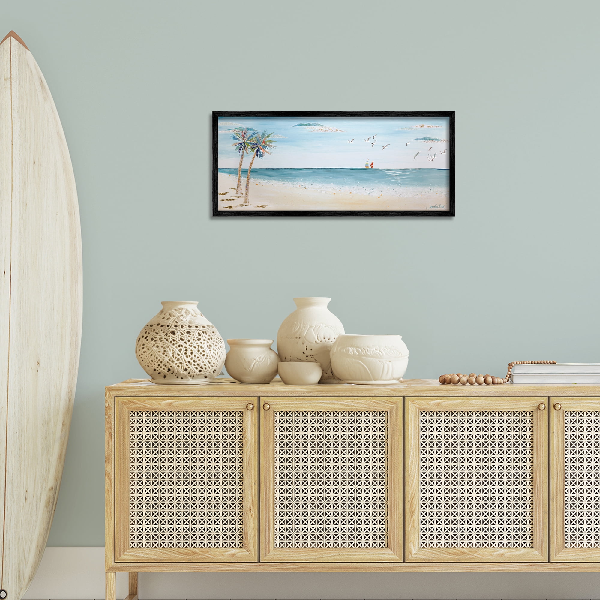 Stupell Industries Seagulls & Palm Beach Landscape Painting Black Framed Art Print Wall Art, 30 x 13