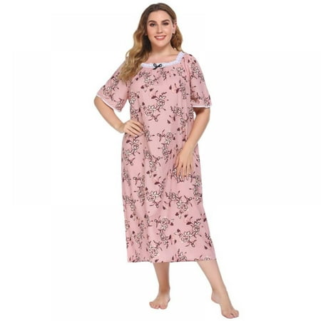 

SweetCandy Women Floral Print Nightdress Plus Size Nightgown Sleepwear Short Sleeve Casual Long Dress Loose Homewear Pink 3XL