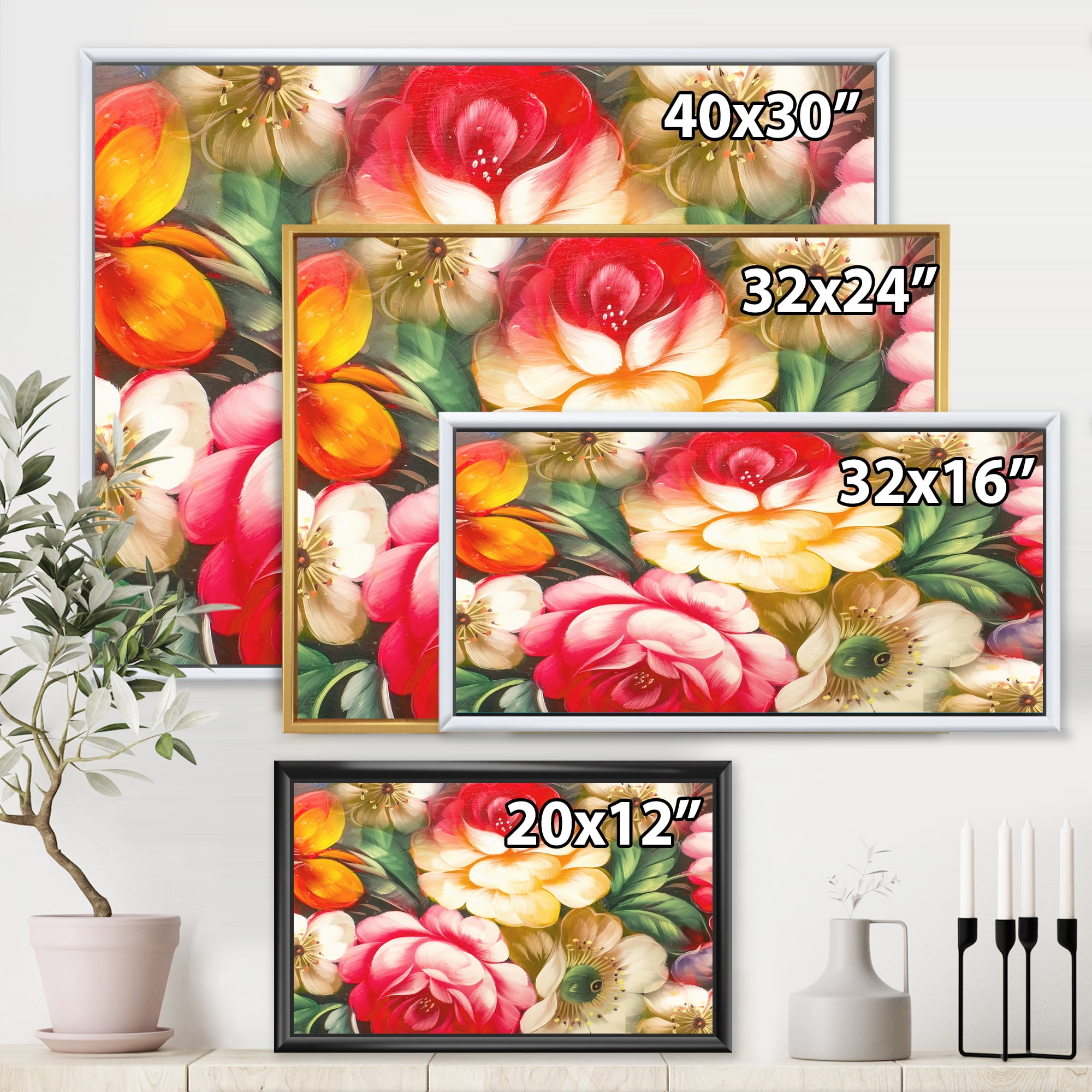 Designart 'Red and Yellow VIntage Flowers' Traditional Framed Canvas Wall Art Print