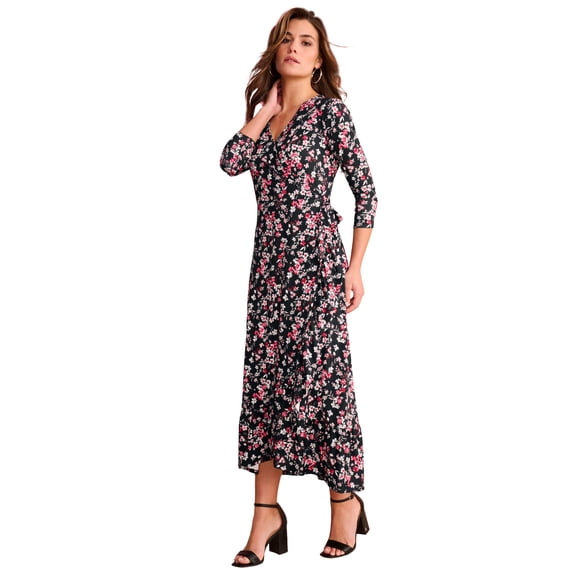 Roaman's Women's Plus Size Stretch Knit Faux Wrap Flounce Sleeve Midi Dress