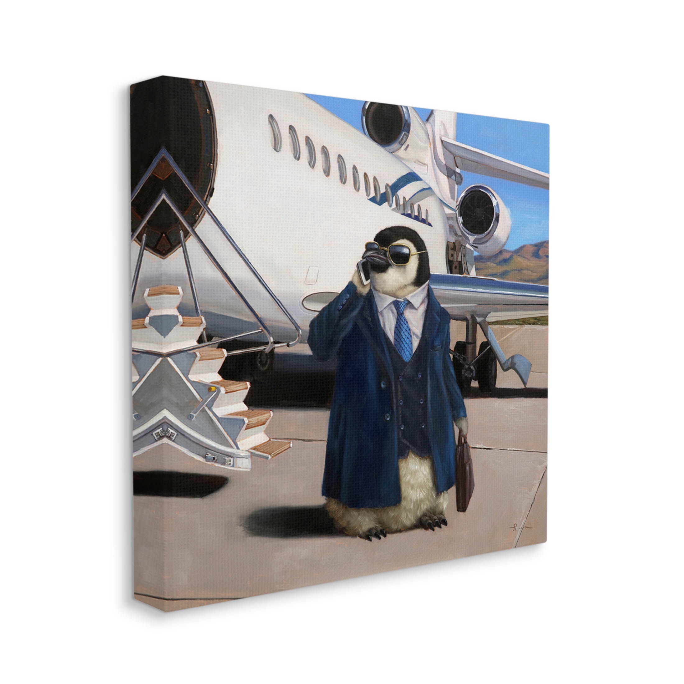 Penguin Businessman Suit Airplane Animals & Insects Painting Gallery Wrapped Canvas Print Wall Art