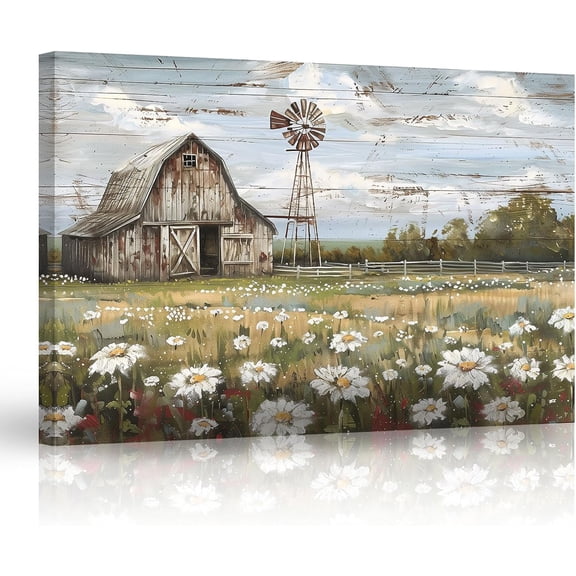 ZHONGYUTONG Farmhouse Barn Canvas Wall Art Rustic Windmill Pictures Flower Field Meadow Artwork Country Farmhouse Paintings for Living Room Decor Framed (12.00" x 18.00")