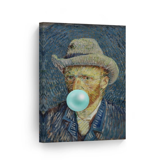 Smile Art Design Vincent Van Gogh's Masterpiece Self Portrait with Grey Felt Hat Teal Blue Bubble Gum Art CANVAS PRINT Famous Paintings Wall Art Classic Art Home Decor Ready to Hang Made in USA 28x19
