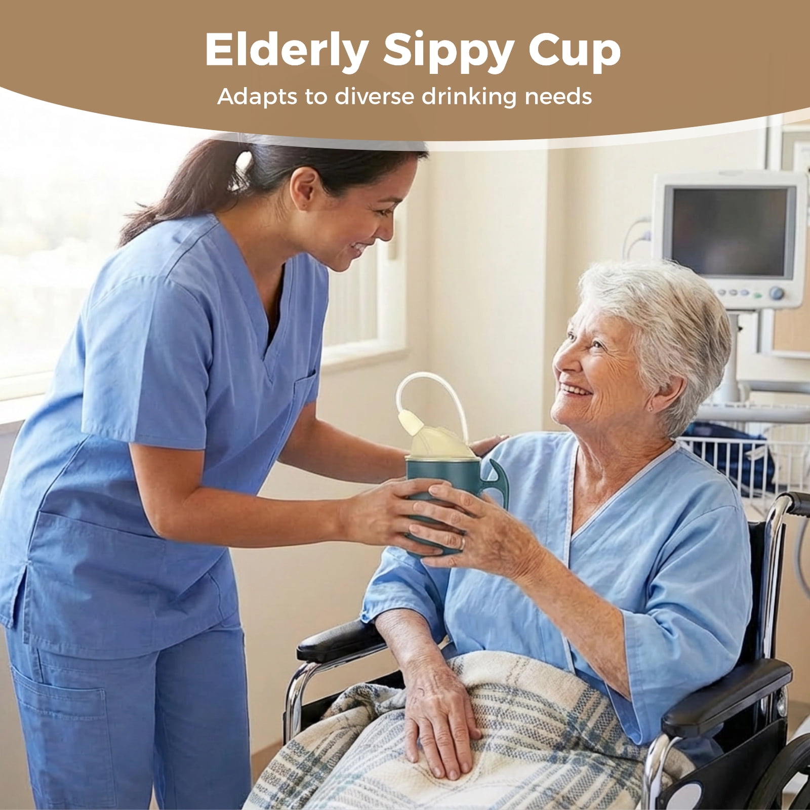 2 Pcs Elderly Sippy Cups, 13.5 fl oz Adult Sippy Cups with Straw, Double Lids, Spill Proof Cup for Bedridden Elderly, Caregiver Assistance (Deep Red+Deep Blue)