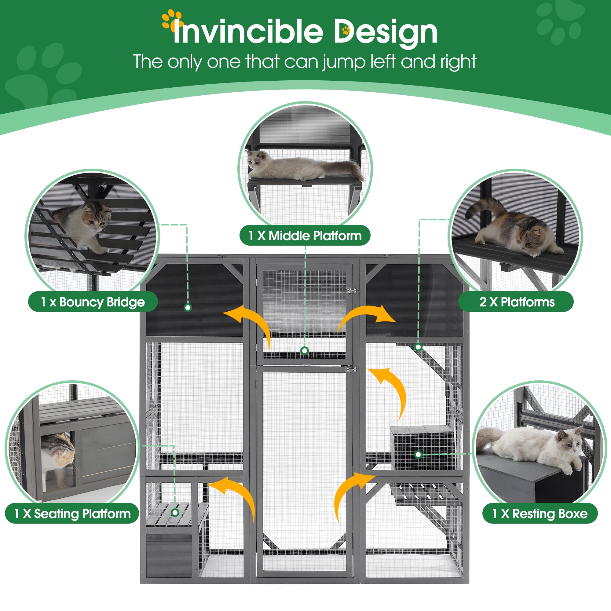 Syngar Luxury Wood Cat Cage, Outdoor Large Wooden Catio Enclosure with Bouncy Bridge, Platforms, Small Houses, Seating and Sunshine Panel, Walk in Cat Run House for Multiple Pets - 67.5", Gray