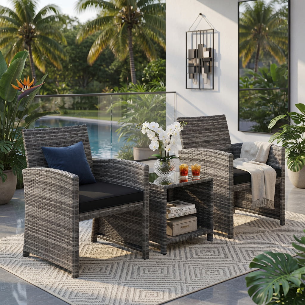 Hommoo 3-Piece Outdoor Patio Furniture Set, PE Rattan Sofa Set with Tempered Glass Coffee Table, Removable Cushions, Heavy-Duty Metal Frame, Black