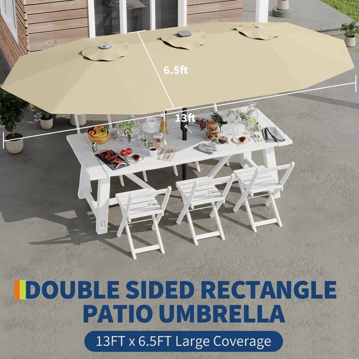 WildBreak Triple Size Large Patio Umbrella, with Crank Handle, Double-Sided, 13' x 6.5', Beige