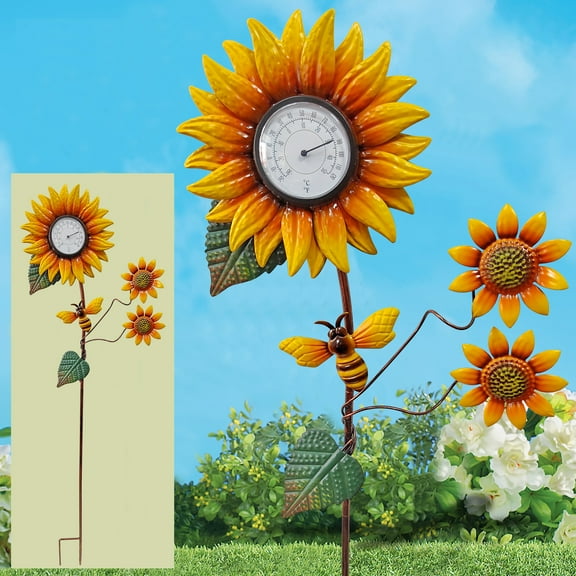 Metal Sunflower Thermometer Indoor Outdoor Garden Stake, Flower Bee Art Decor Sculpture Stick for Lawn Yard Patio Decorations, No Battery Required, Artistic Flower Design