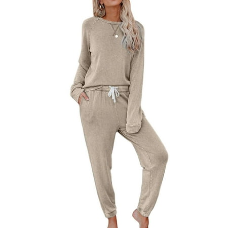 

Glookwis Ladies Crew Neck Pajamas Sets Loose Sleepwear Casual Two Pieces Outfits Loungewear Tops And Pants Solid Color Lounge Set Nightwear Khaki S