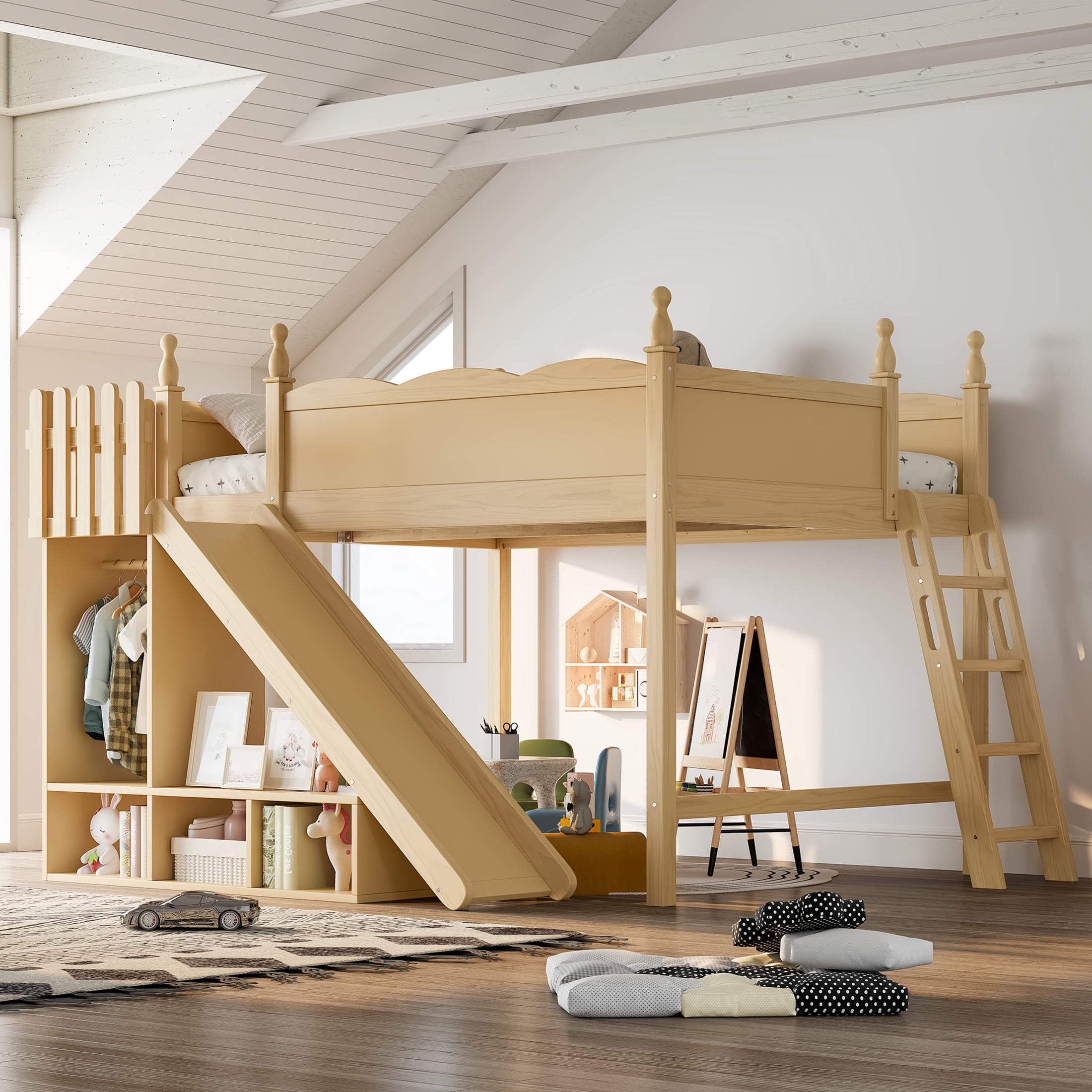 Noble House Queen Loft Bed with Storage Shelves, Detachable Slide and Ladder, Natural