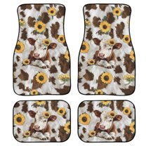 Renewold Sunflower Brown Cow Print Car Floor Mats Pack of 4, Non-Slip All Weather Auto Rugs Car Floor Carpet Vehicle Accessories Universal Fit Most Cars Sedans Truck