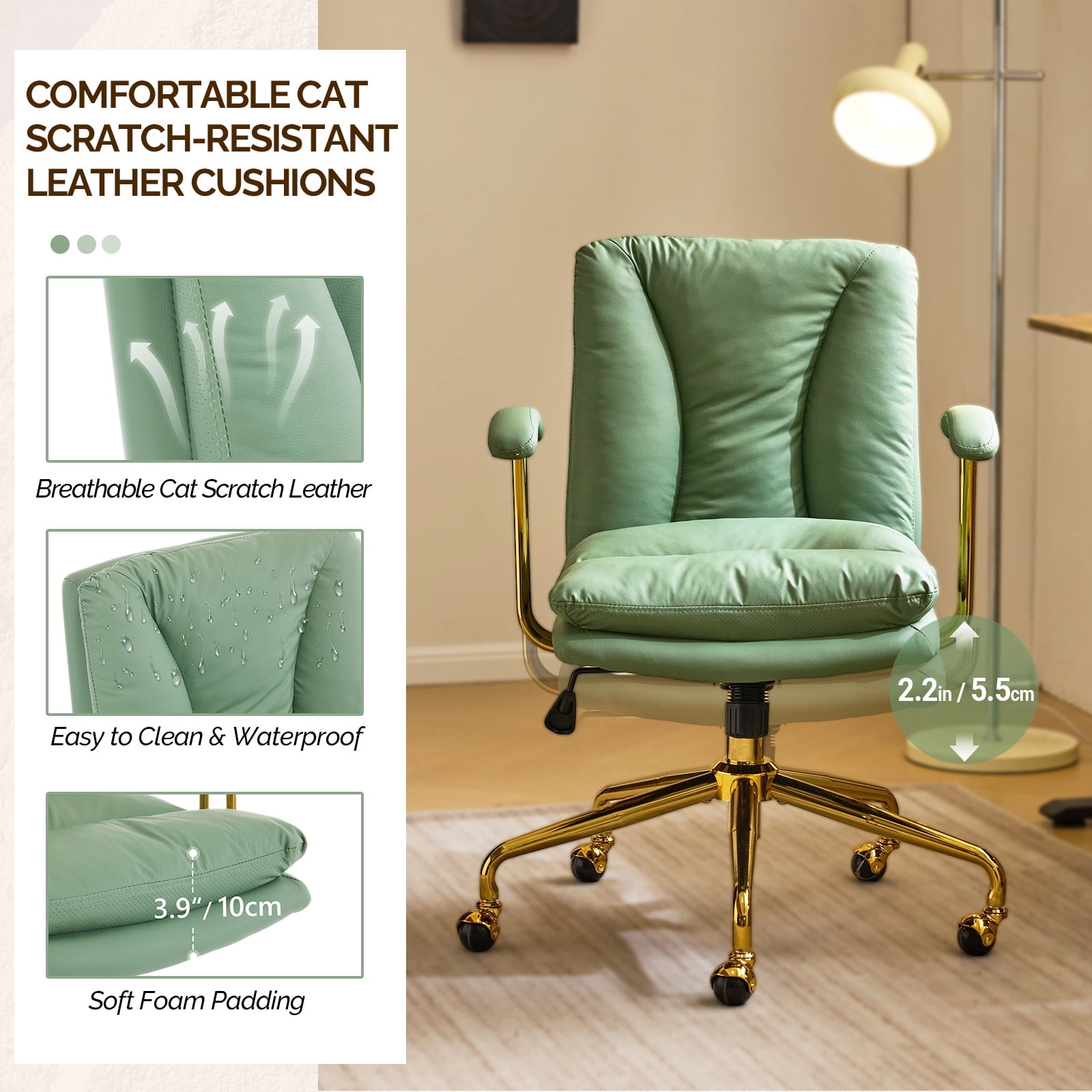 Ktaxon Office Chair High Back Study Chair Faux Leather Adjustable Swivel Vanity Chair with Padded Armrests for Conference and Home Green