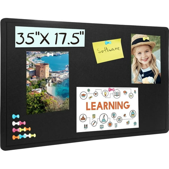 Bulletin Board - 35 x 17.5 inches Decorative Felt Pin Board - Cork Board Alternative for Wall - Foldable Photo Board Self-Adhesive Prayer Board with 20 Pushpins - Black