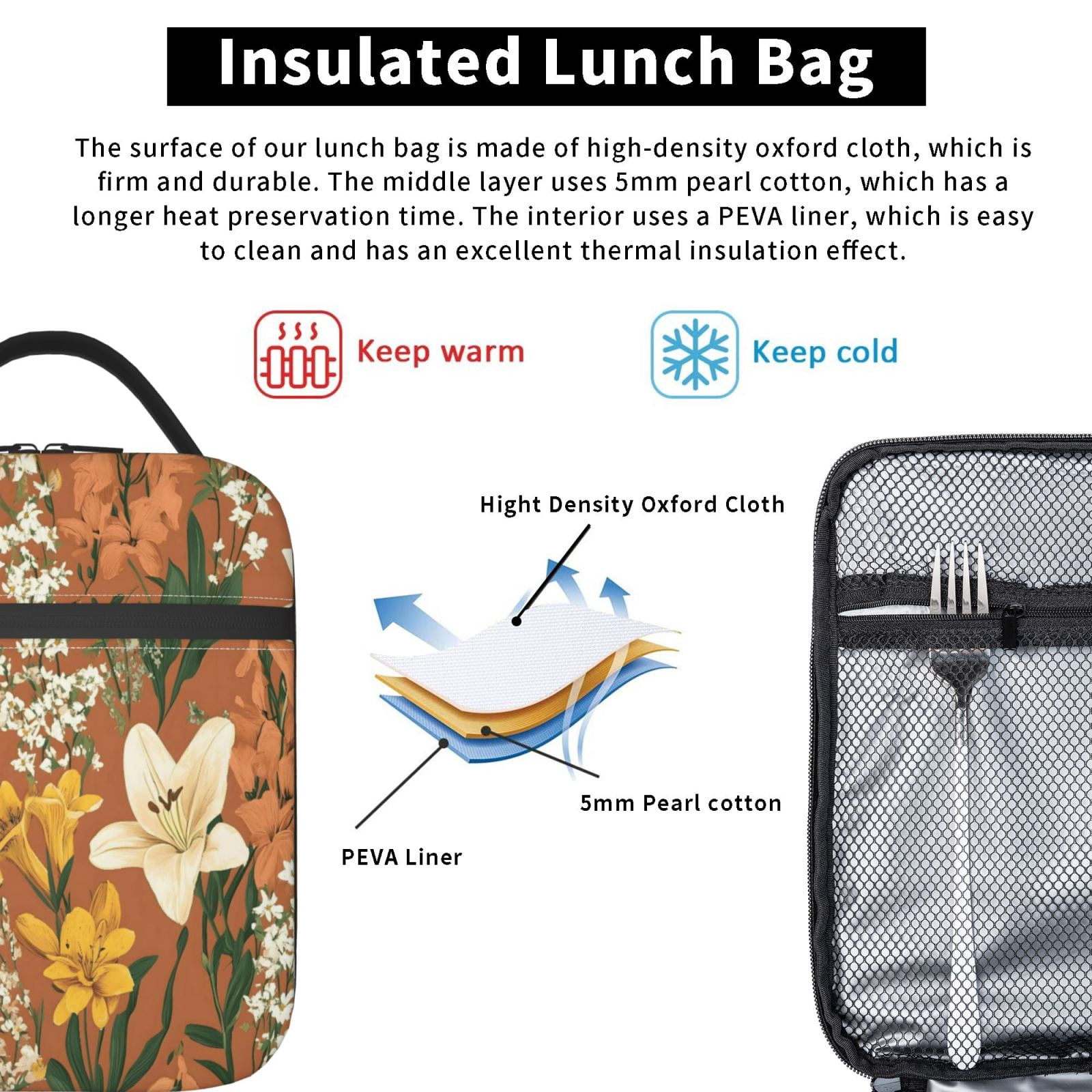 Lunch Bag For Women Men Insulated Portable Lunch Box Bento Box Office Picnic Travel Cooler Bag Yellow Background With Flowers