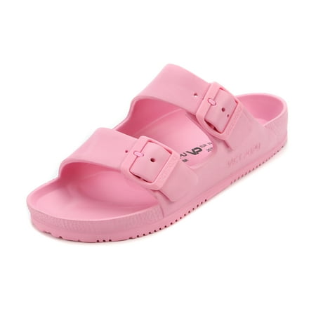 

VICT POPU Womens Sandals Adjustable Double Buckle Strap Waterproof EVA Flat Slides，Pink Sizes 9