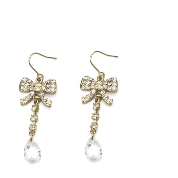 Crystal Bow Drop Earrings with Austrian Crystal Dangle - Elegant Fashion Jewelry Earring Gold