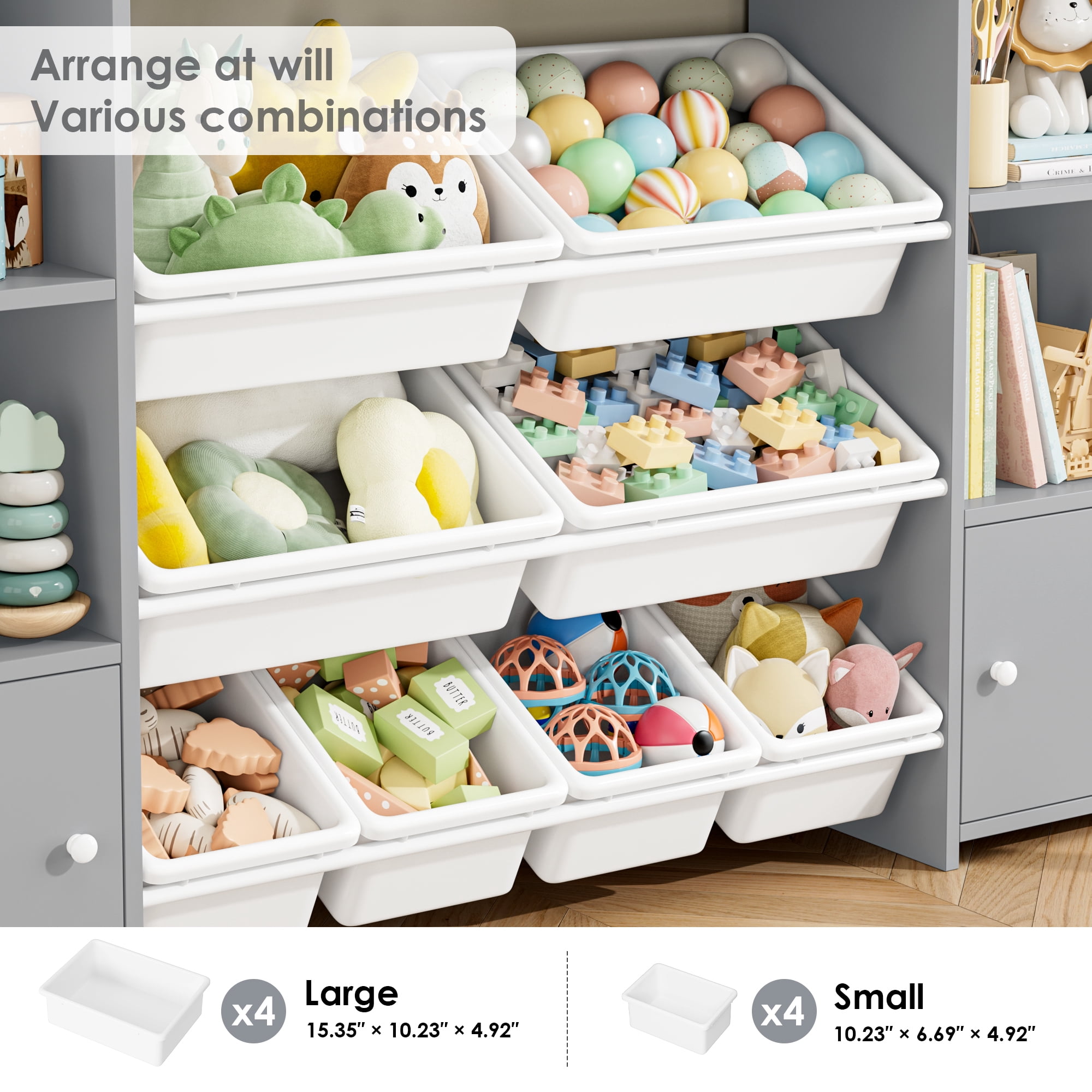 Homfa Kids Toy Organization Cubby Bookcase with 8 Bin, 2 Door Gray Storage Organizer Bookshelf for Children Room Playroom