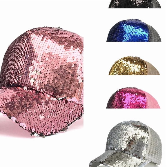 AJGRHE Shiny Sequin Baseball Cap for Women Glitter Bling Party Hats Adjustable Trucker Baseball Caps Outdoor Sun Hats For Daily Carnival Pink One Size