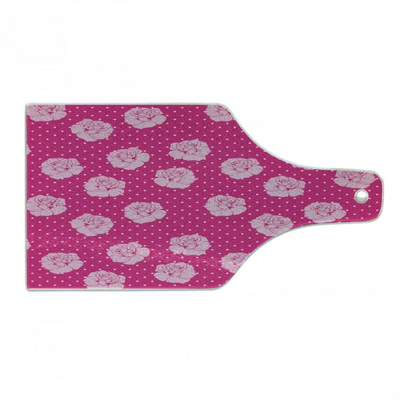 Hot Pink Cutting Board, Vintage Pale Pink Roses on White Dotted Hot Pink Background Love, Tempered Glass Cutting and Serving Board, Wine Bottle Shape, Hot Pink Pale Pink White, by Ambesonne