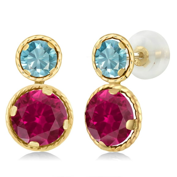 Gem Stone King 14K Yellow Gold Red Created Ruby and Blue Zircon Earrings for Women (3.00 Cttw, Gemstone July Birthstone, Round Cut 6MM and 4MM)