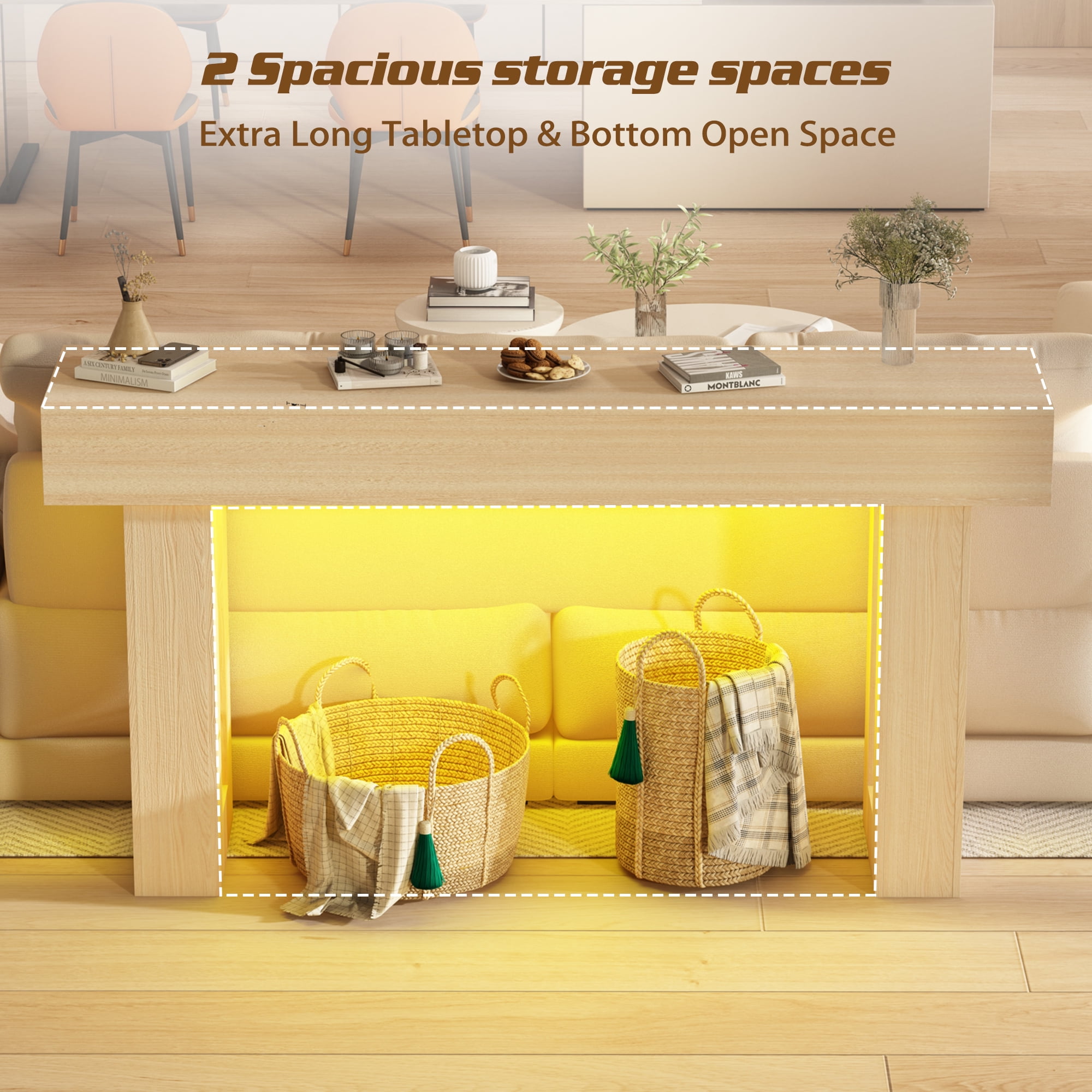 Haverchair 63 Inch Long Console Table with Outlets and USB Ports, Wooden Sofa Table Behind Couch with LED Lights, Farmhouse Rectangular Entryway Accent Table for Living Room, Hallway, Entrance
