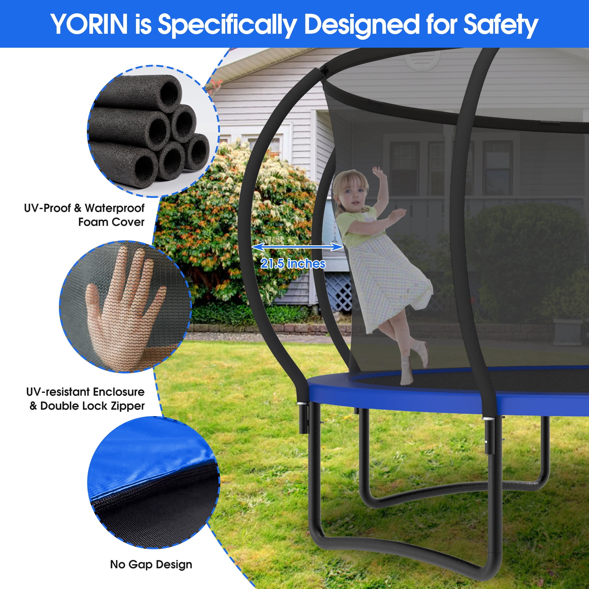 YORIN Trampoline for 2-3 Kids, 8FT Trampoline for Adults with Enclosure Net, Basketball Hoop, Ladder, 800LBS Weight Capacity Outdoor Recreational Trampoline, Heavy Duty Trampoline