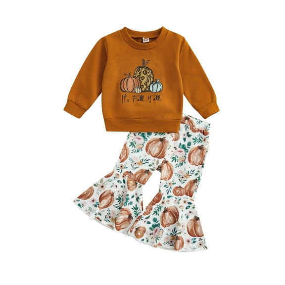 Bagilaanoe 2Pcs Toddler Baby Girl Halloween Outfits Pumpkin Letter Print Long Sleeve PulloverTops   Flared Trousers 6M 12M 18M 24M 3T 4T Infant Fall Long Pants Set