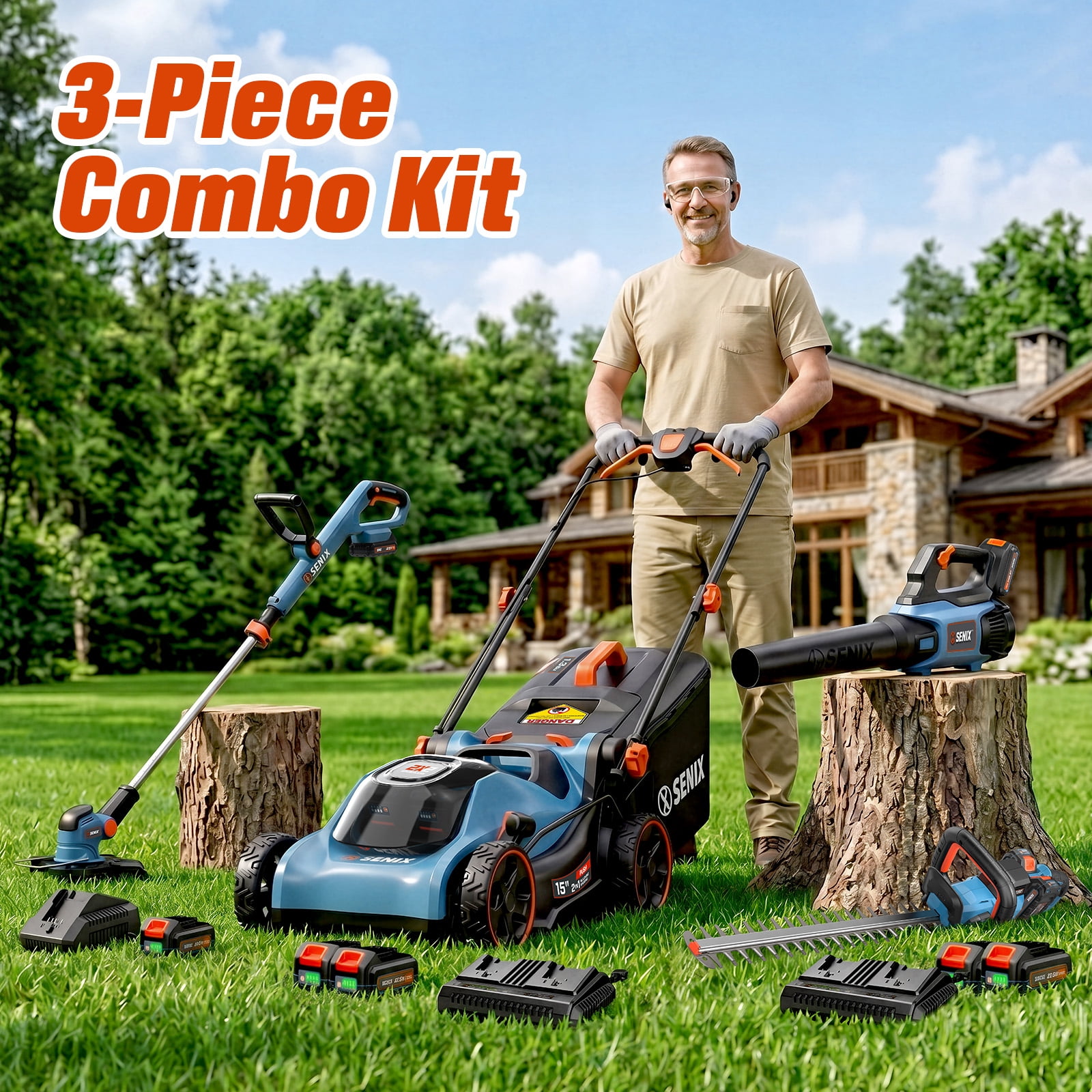 SENIX Cordless 4-Tool Combo Kit, 15" Cordless Lawn Mower, 10" String Trimmer, 350 CFM Leaf Blower & 24" Hedge Trimmer, Batteries & Chargers Included