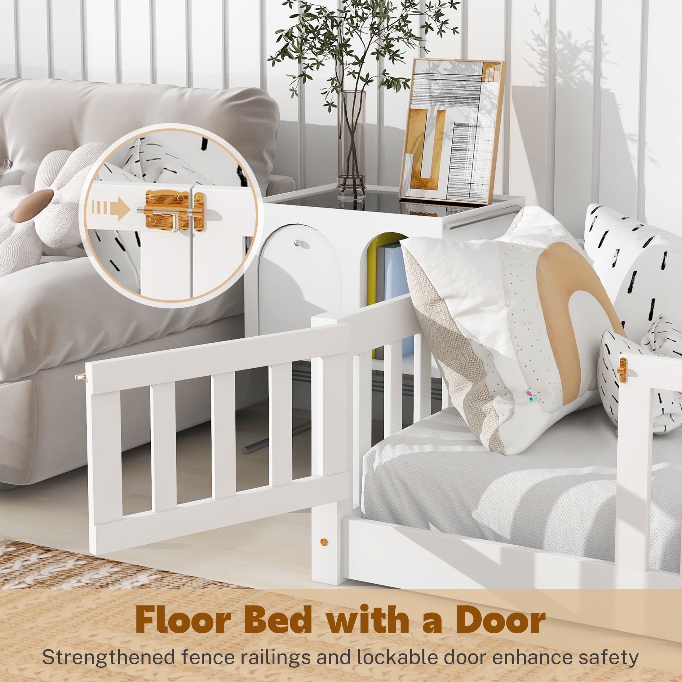 PAPROOS Twin Size Floor Bed, Solid Wood Toddler Bed with Slat, Fence Guardrail and Door, No Box Spri(图5)