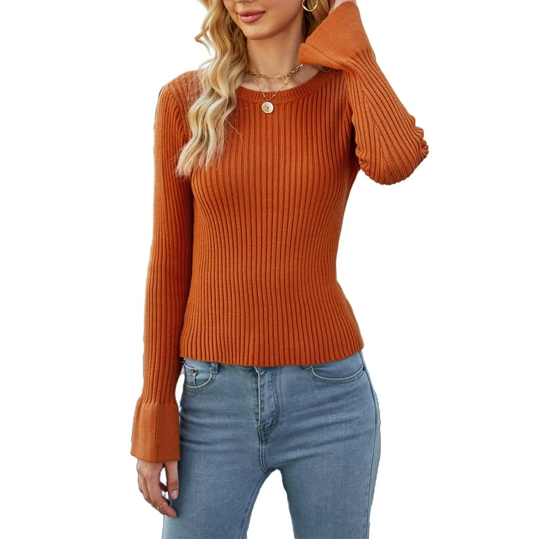 aturustex Women Sweater Pullover Top Basic Flare Long Sleeve Rib