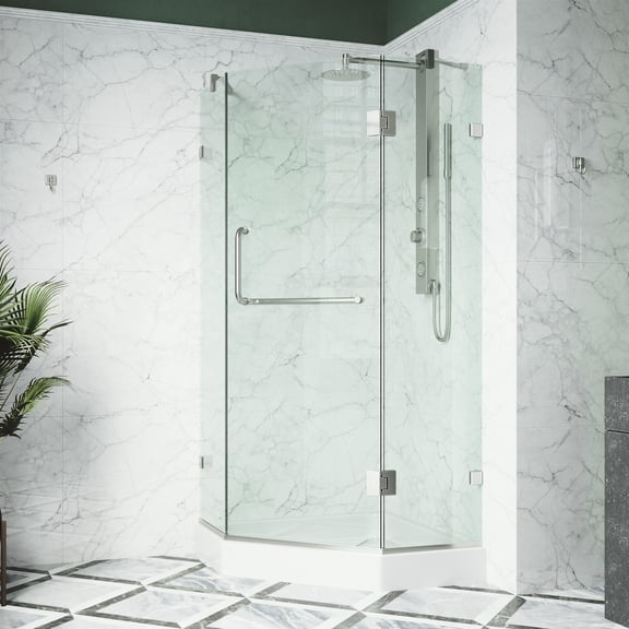 VIGO Piedmont 38 in. L x 38 in. W x 79 in. H Frameless Hinged Neo-angle Shower Enclosure in Brushed Nickel with Clear Glass