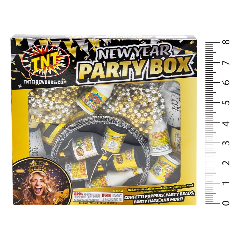 TNT Fireworks, New Year's Party Box, Party Poppers and Hats, Gold and Silver