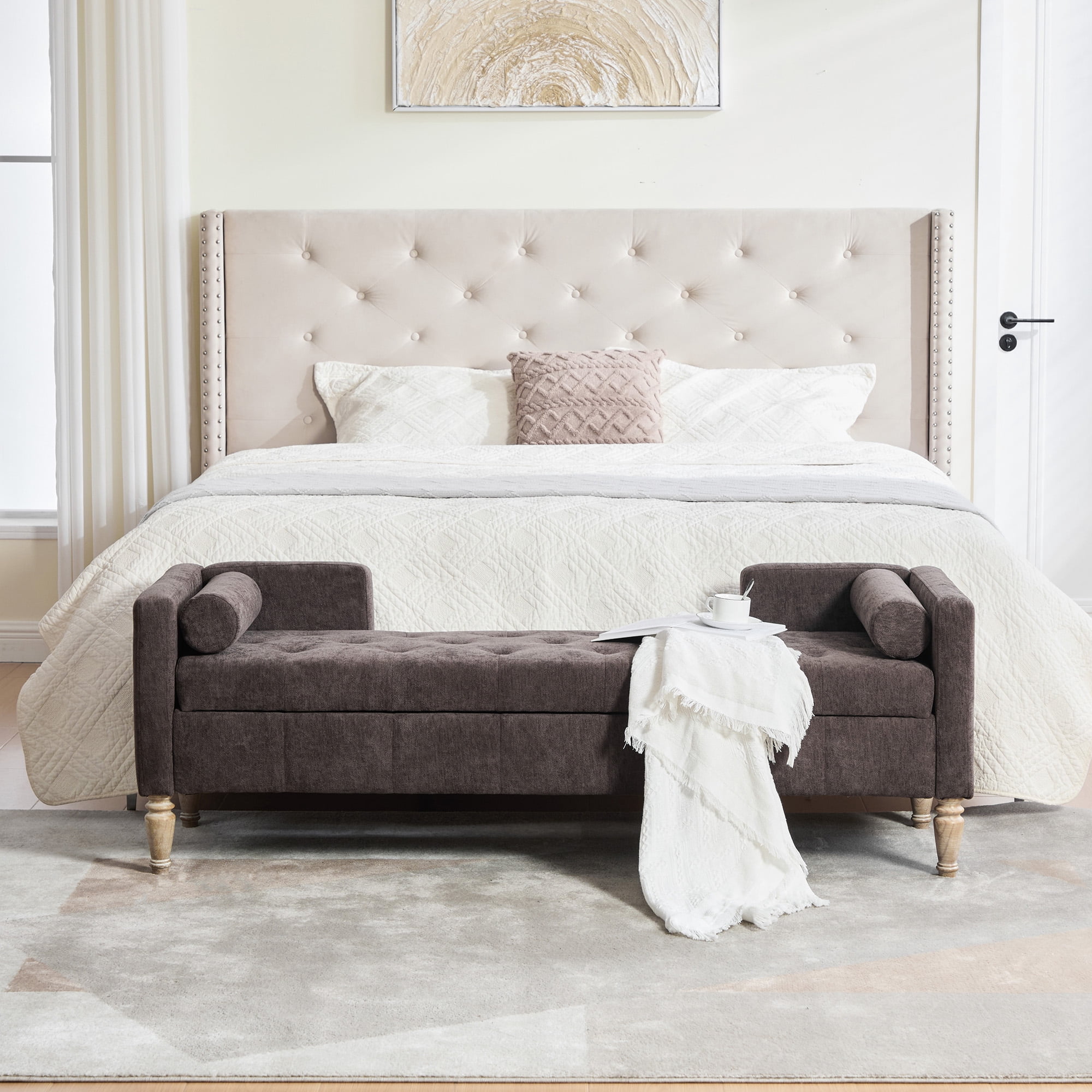 64.6"W Upholstered Chenille Flip-top Storage End of Bed Bench, Tufted Accent Footrest with Armrests&Backrest&2 Bolsters Whitewashed Rubberwood Legs for Living Room, Hallway, Entryway Bedroom