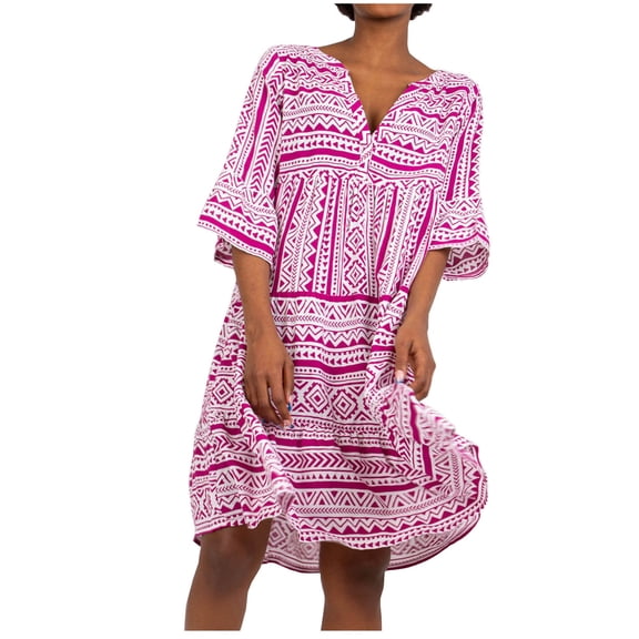 USSUMA Summer Dresses for Women Trendy Loose Flowy Knee Length Midi 3/4 Sleeve Womens Sun Dresses Plus Ethnic Style Print V Neck Sundress Beach Party Vacation Casual Dress