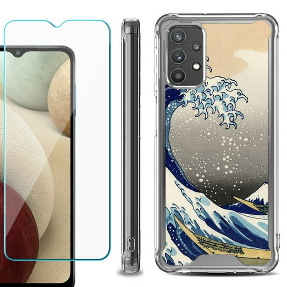 Shockproof Bumper Phone Case for Samsung Galaxy A32 5G, with Tempered Glass Screen Protector, by OneToughShield ® - Great Wave