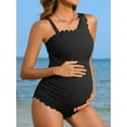 thumbnail image 3 of Sociala Ribbed Maternity Swimsuit Scalloped One Shoulder Bathing Suit Ruched Pregnancy Swimwear, 3 of 7