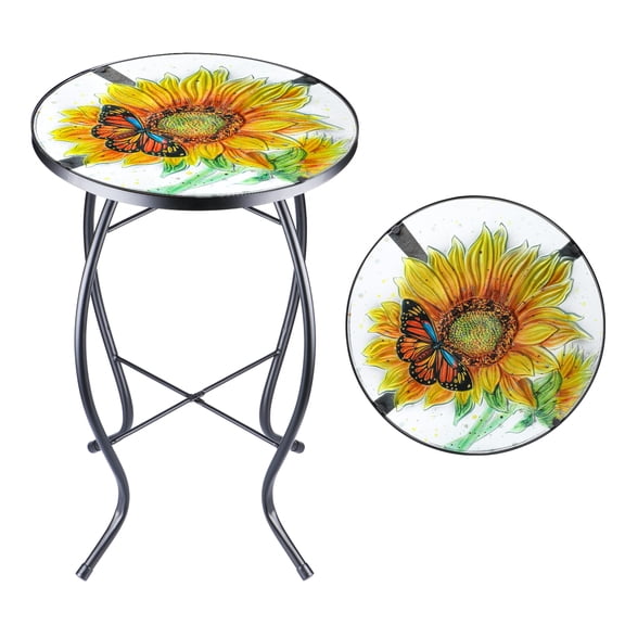 Patio Side Table Outdoor Accent Table Bistro Coffee Table Plant End Table Small Porch Table Indoor Round Glass Balcony Plant Table Stands Sunflower