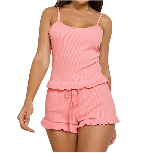 Yuyuzo Womens 2 Piece Outfits Knit Ribbed Lounge Matching Sets Sleeveless  Cami Tops Ruffle Shorts Trendy Outfits Pink