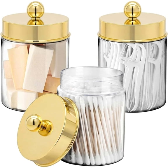 3PC Farmhouse Decor Qtip Holder Apothecary Jars Bathroom Vanity Storage Organizer -Countertop Canister Container &Cute Stickers for Cotton Swab,Ball,Pad,Floss,Paper Clips (Gold,Plastic)
