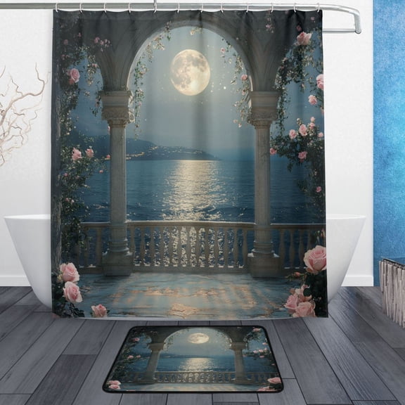 Bath Curtain & Non-Slip Bath Mat Set 12-Grommet Shower Curtain Memory Foam Bath Rug The Moon and The Corridor