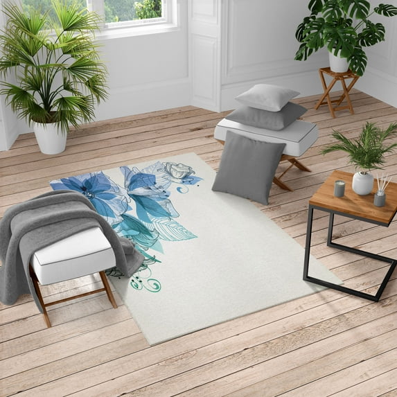 Flowers Turkish Area Rug, Buds Leaf at the top Left Corner Season Celebrating Theme Illustration, Soft Carpet for Living Room Decor, 5.2' X 7.6', Blue White, by Ambesonne