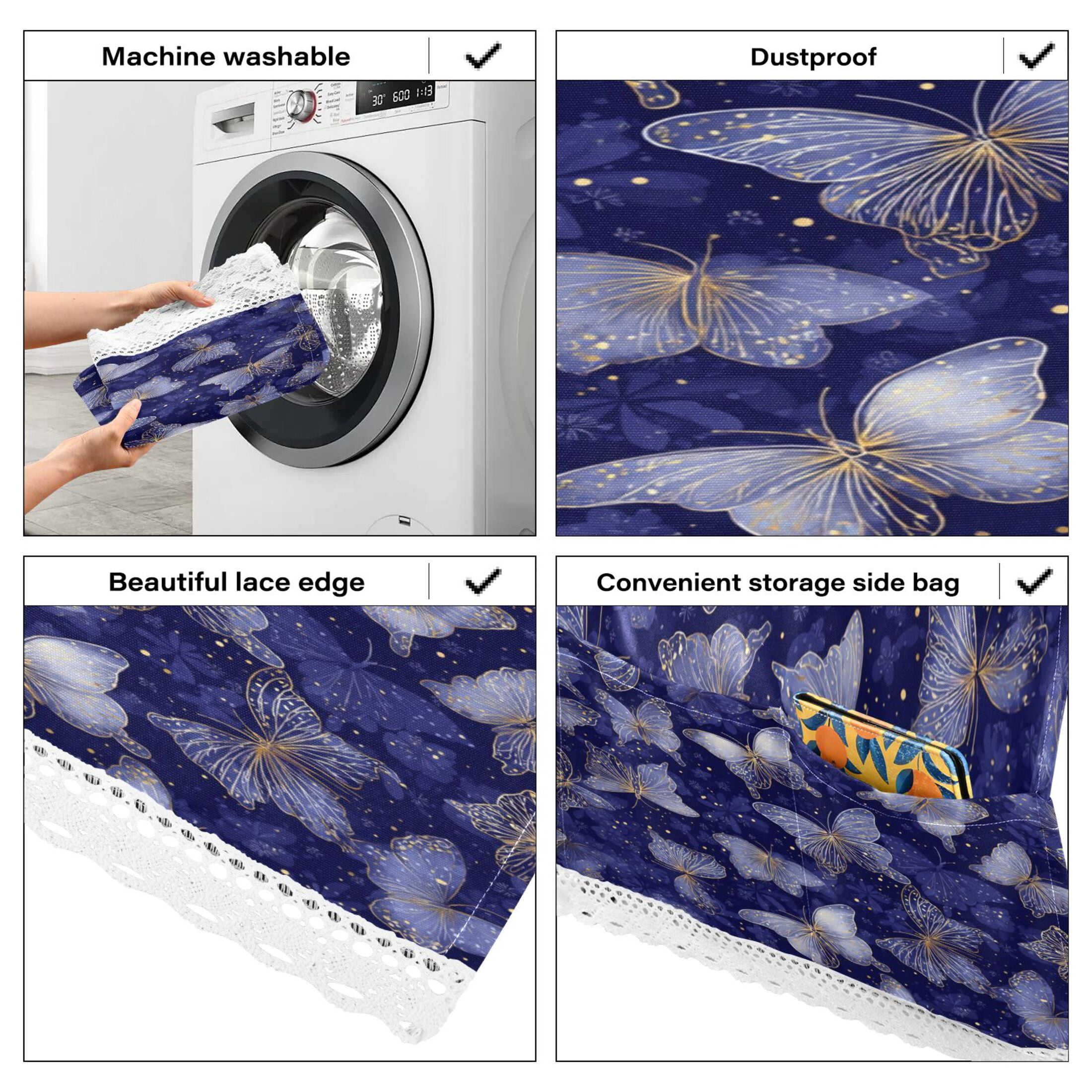 Wobogo Deep Blue Butterfly Washing Machine Cover Dustproof Washer Dryer Cover Waterproof Laundry Room Decorative Protector