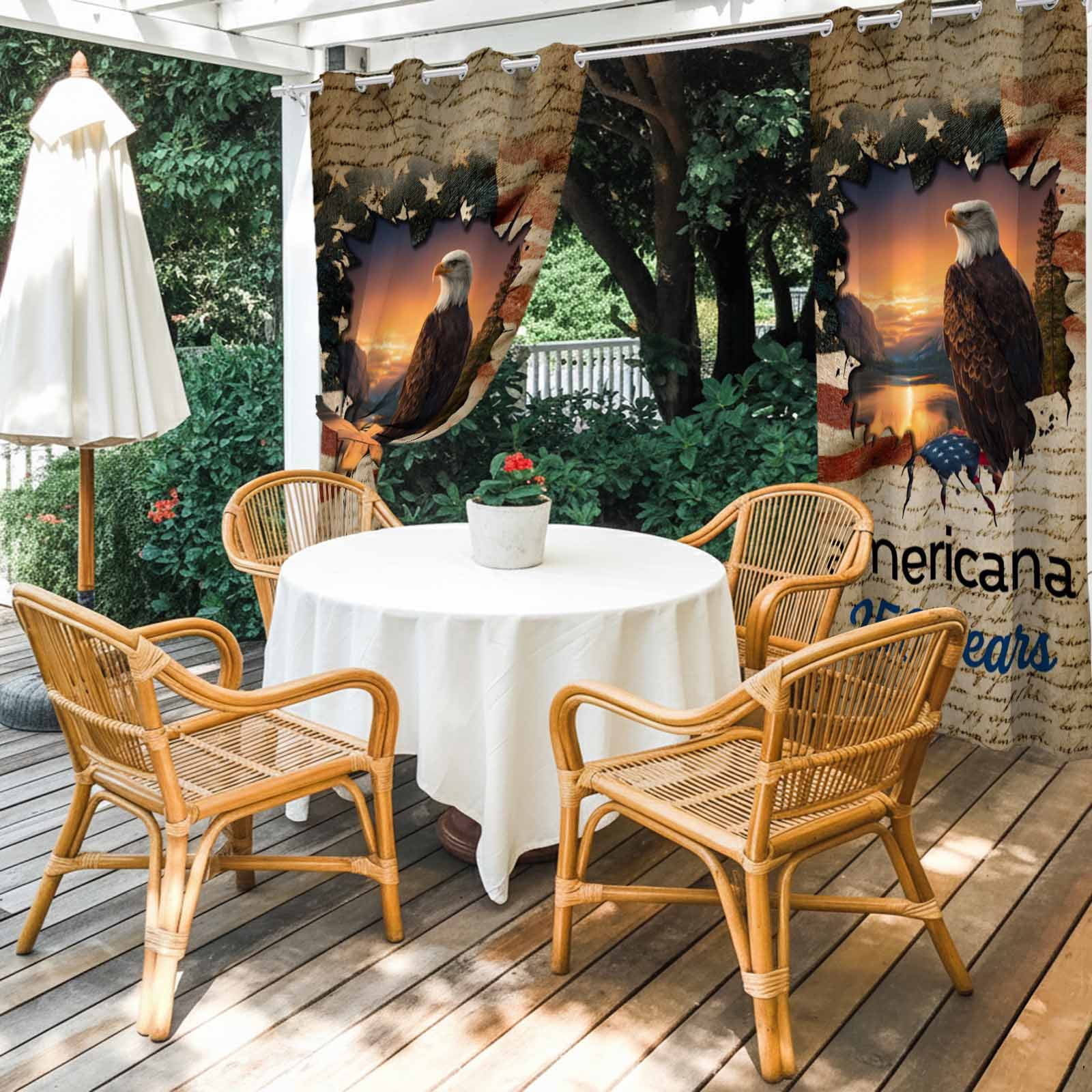 Independence Day Outdoor Curtains for Patio, Retro American Flag Eagle Sunset 250 Year Sunshade Privacy Drapes Grommet Waterproof Outside Curtains for Porch/Cabana/Balcony 54"x 108", 1 Panel