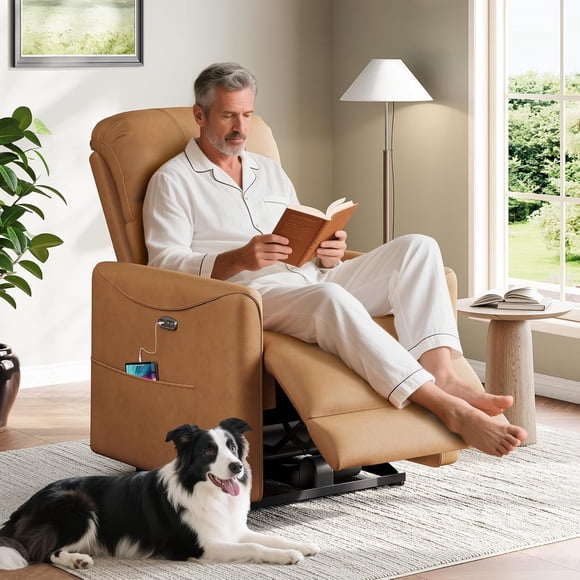 2025 Updated Power Recliner Chair, Wider Seat PU Leather Recliner for Adults, Adjustable Electric Chair Power Recliner Sofa, USB Port, Lazy Boy Recliner Chair for Living Room, Amber Yellow
