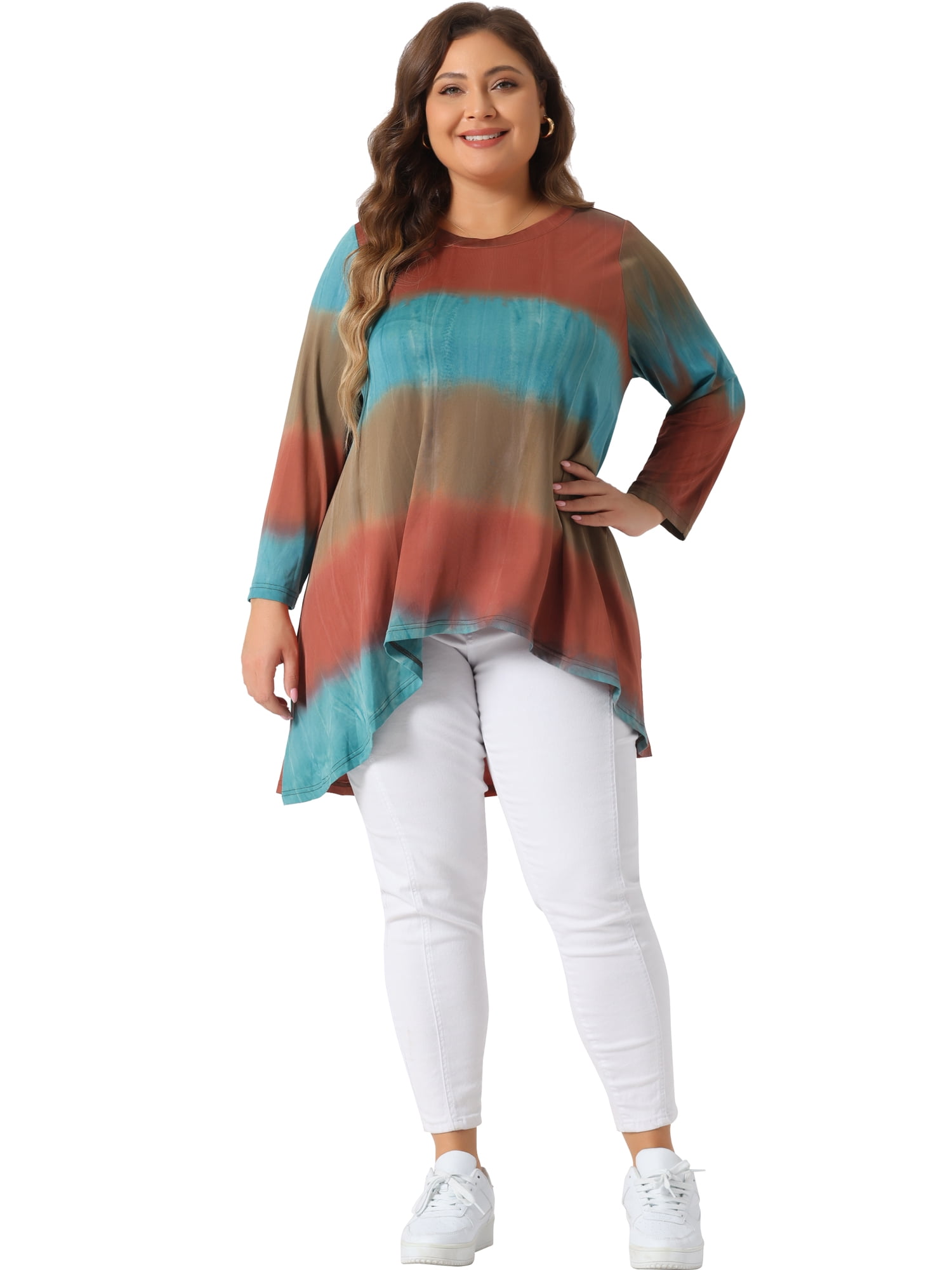 Unique Bargains Women' Plus Tie Dye High Low Tunic Tops Tee Shirts 3X Orange