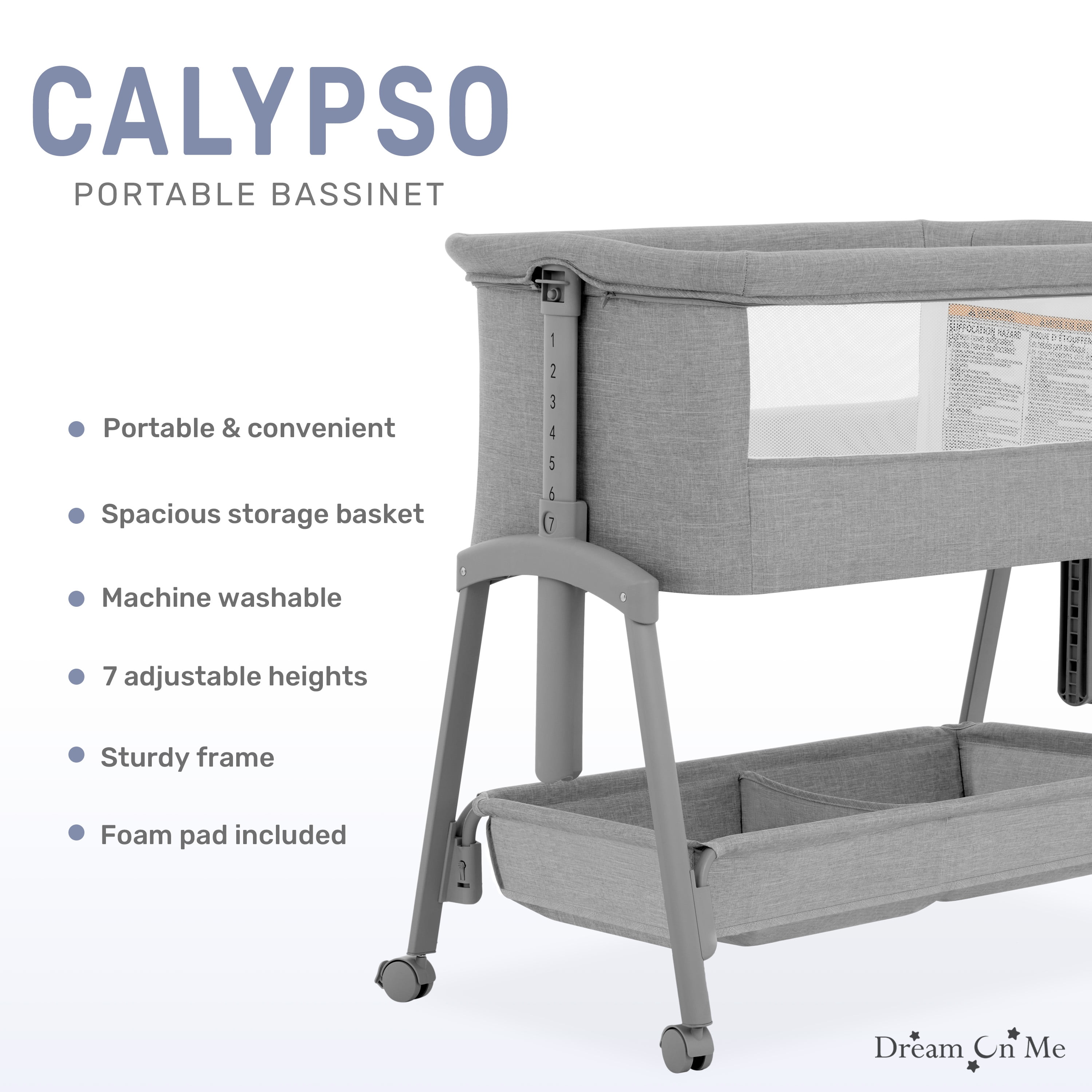 Dream On Me Calypso Portable Bassinet with Wheels, Adjustable Height, Gray