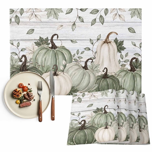 Sage Green Fall Placemats Set of 4, Pumpkin Botanical Thanksgiving Vintage Washable Wipeable Table Mats for Dining Tables, Indoor Outdoor Kitchen Place Mats for Holiday Party Table Decor