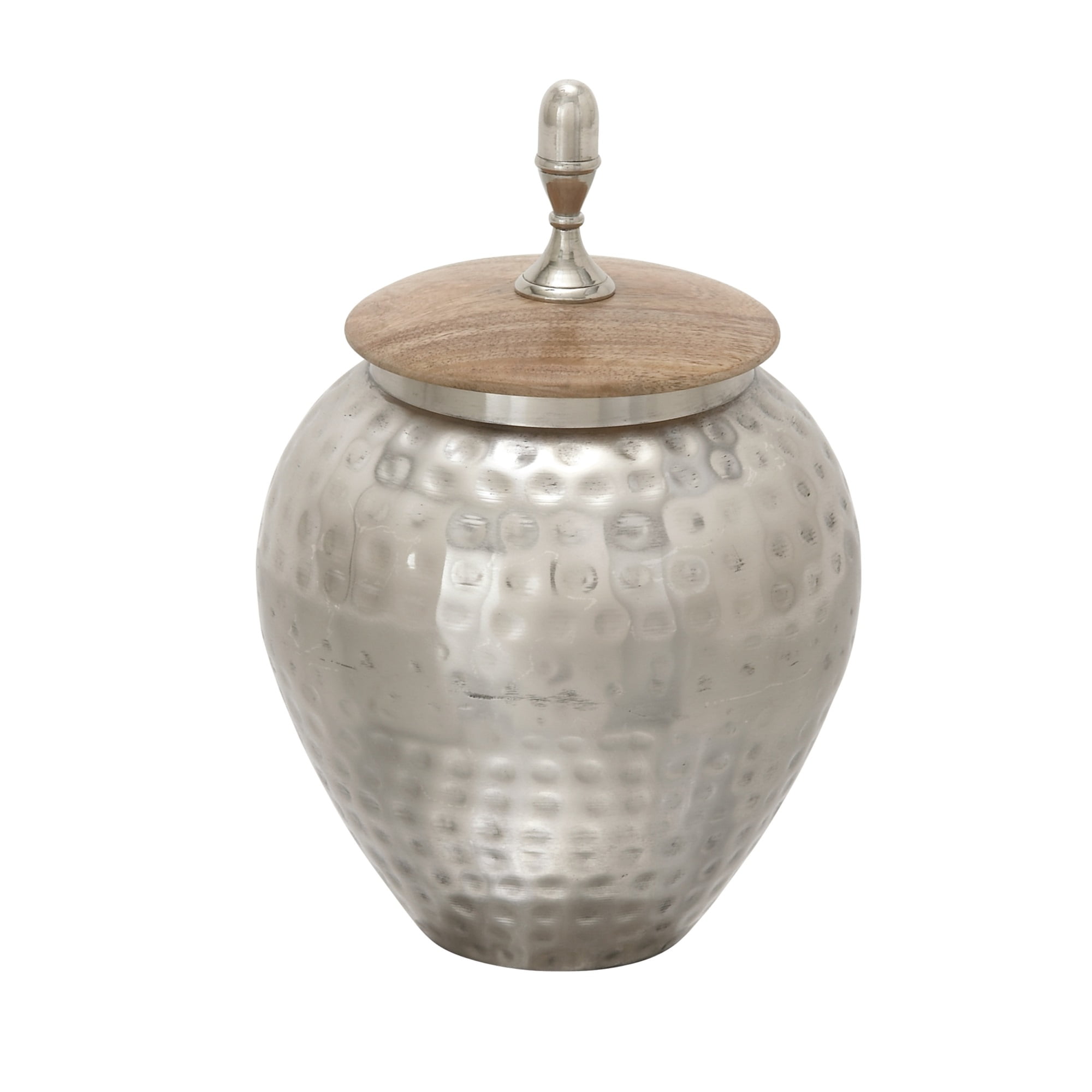 Pot Bellied Shape Metal Jar with Wooden Lid and Hammered Detail, Silver