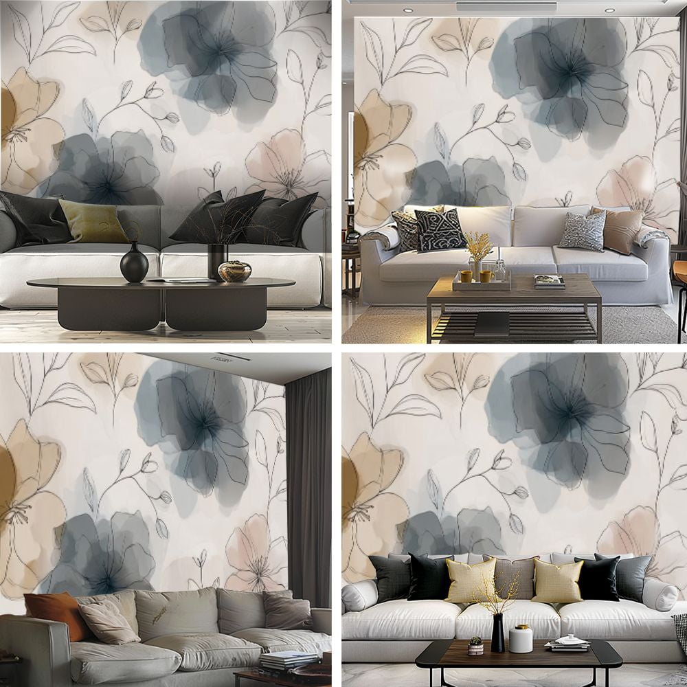 Peel and Stick Wallpaper Abstract Boho Floral Colorful Botanical Large Flowers Leafy Stems Modern Art Wall Mural Decor Self Adhesive and Removable 69in x 98in