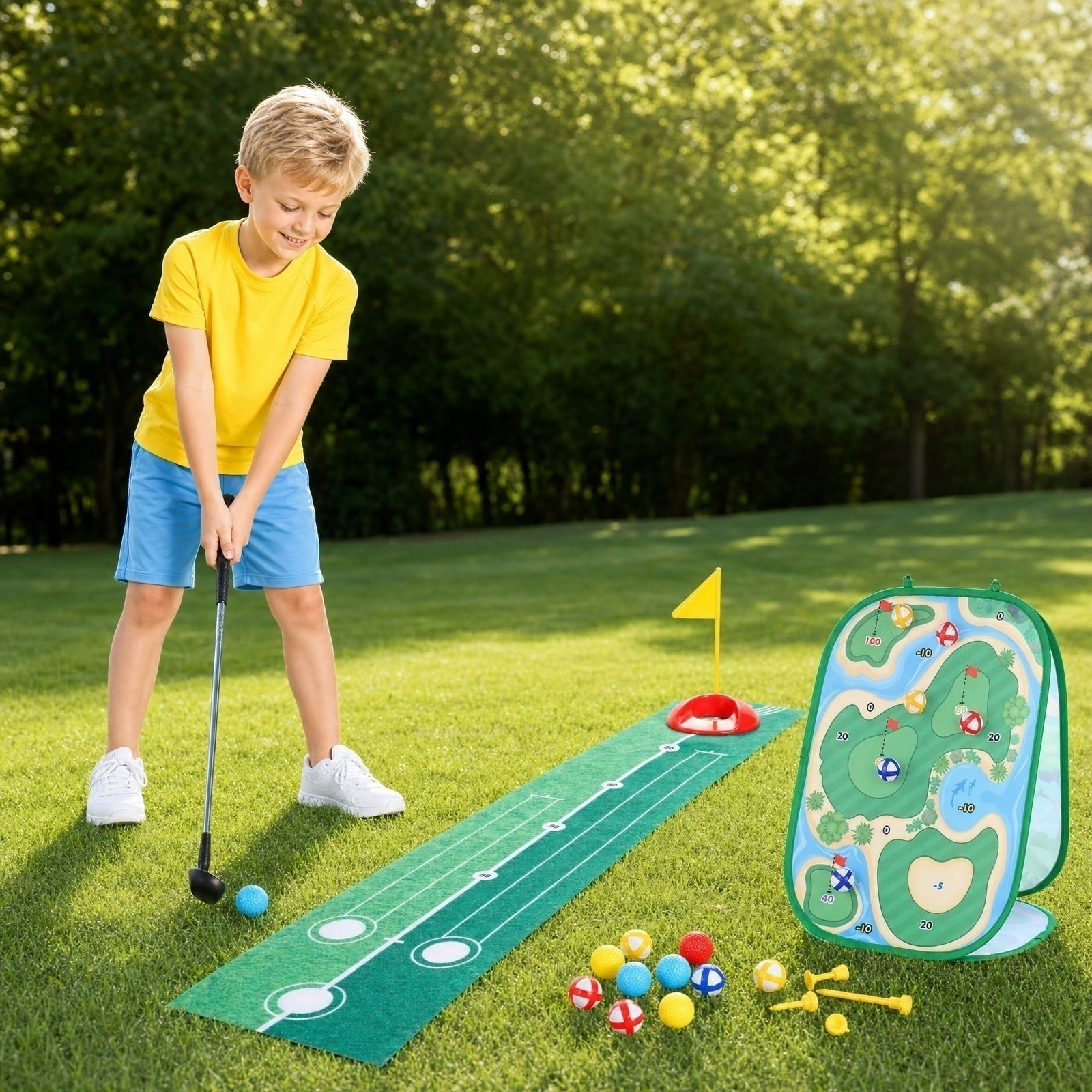 Backyard Golf Game Set, Velcro Golf Chipping Game, Golf Set for Student 4-8, Backyard Toys for Student Ages 4-8, Foldable 3-In-1 Cornhole Style Golf Toys Kit Complete with 1